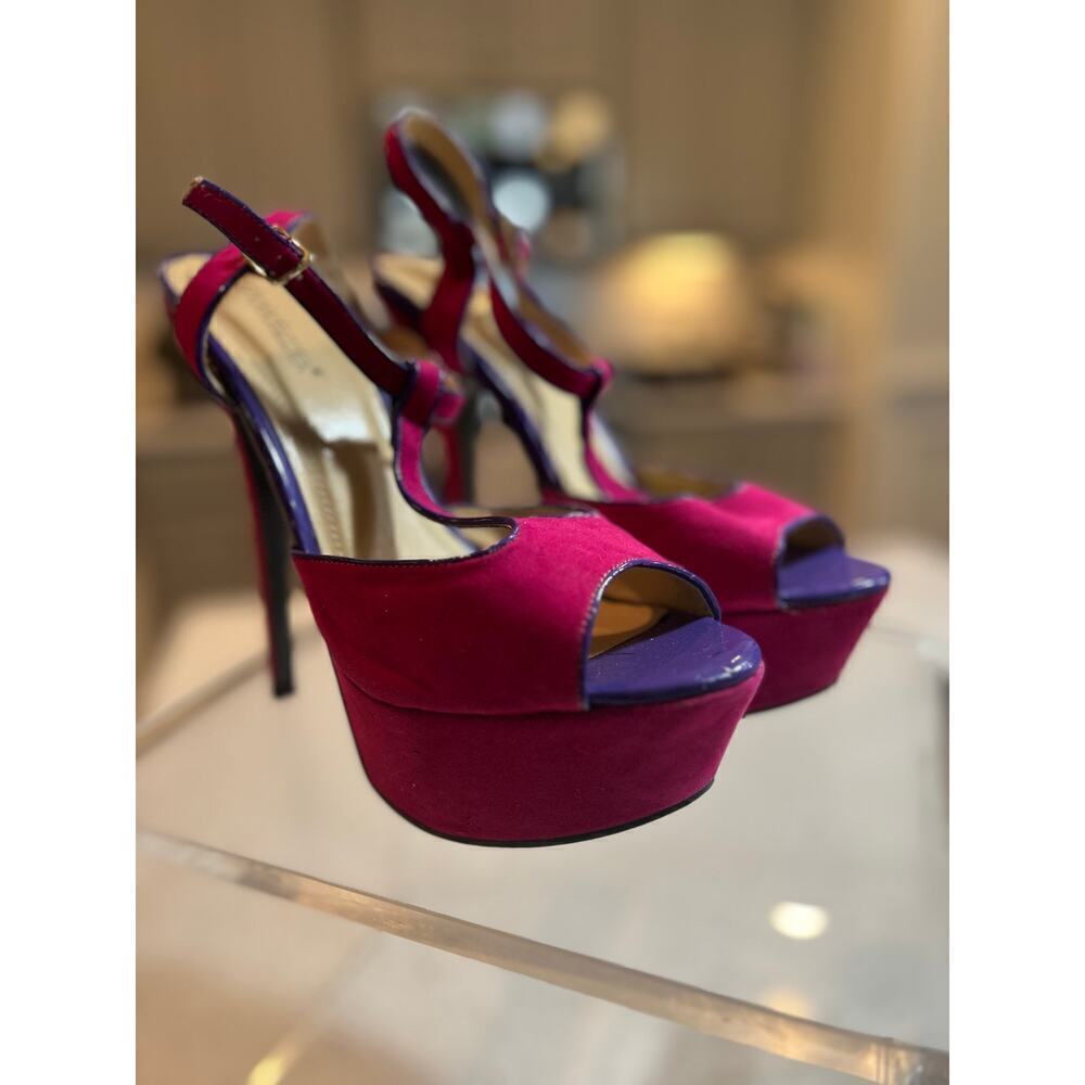 Shoedazzle Pink & Purple Strappy Platform Heels - Size 9